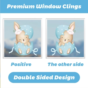 Double-sided window cling featuring a cute cartoon rabbit in a polka dot Easter egg shell