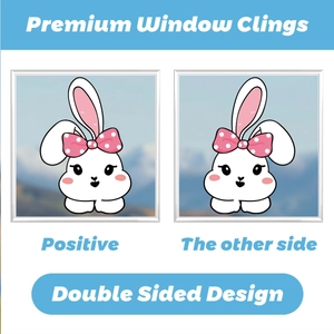 Detail showing double sided design of a cartoon rabbit window cling for Easter decoration