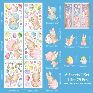 Detailed view of Easter rabbit egg window clings set with dimensions and 79 pieces