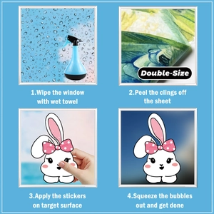 Four-step installation guide for cartoon rabbit window stickers showing peeling and sticking