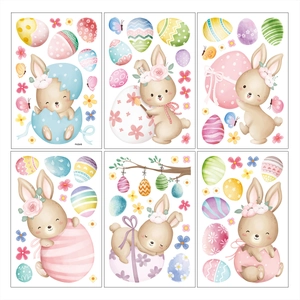 Easter bunny and colorful eggs static window stickers in watercolor style for festive decor