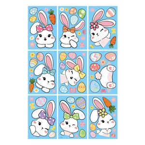 Set of cartoon Easter bunny static window stickers with colorful eggs and carrots
