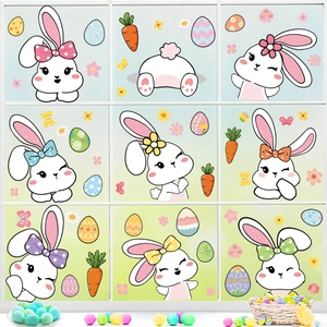 Easter Window Clings Static Stickers Double Sided Cartoon Rabbit Eggs Carrots Flowers Glass Decoration Holiday Party Home Decor