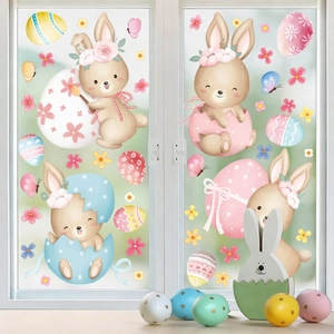Easter bunny and colorful eggs window stickers for festive spring glass decoration