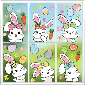 Easter window stickers set with 6 cartoon bunnies and colorful eggs for glass decor