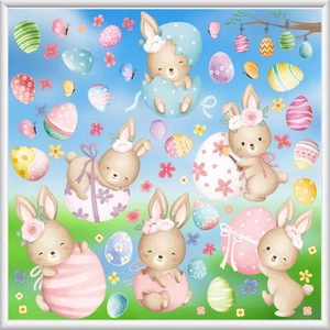 Detailed view of colorful Easter bunny and patterned egg static window cling stickers