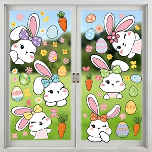 Easter window stickers featuring colorful cartoon rabbits, eggs, and carrots on glass