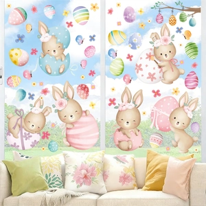 Easter glass window decals featuring cartoon bunnies and eggs in a cozy indoor setting