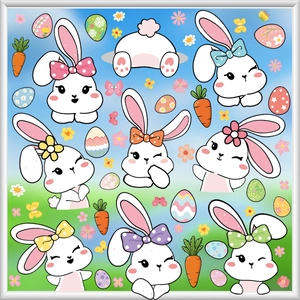 Detail of colorful Easter bunny window stickers with eggs and carrot elements
