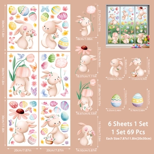 Easter window stickers set of 6 sheets including 69 cartoon bunnies and colored eggs