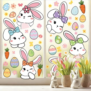 Close-up of Easter window static stickers featuring cartoon bunnies and colorful eggs