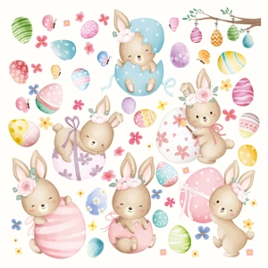 Detailed sheet of Easter window stickers featuring watercolor bunnies and colorful eggs