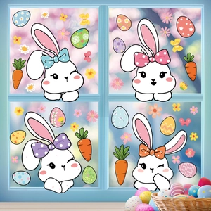 Easter static window clings featuring cartoon bunnies and colorful eggs on a glass surface