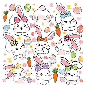 Detailed view of colorful cartoon Easter bunnies and patterned eggs window stickers