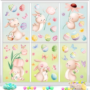 Easter bunny and egg static window clings set with watercolor floral decor stickers