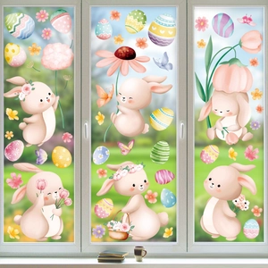 Easter window clings featuring watercolor rabbits and colorful eggs for home decor