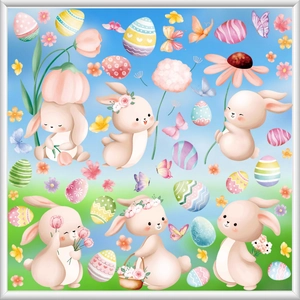 Detailed view of colorful cartoon Easter bunny and egg static window stickers decoration