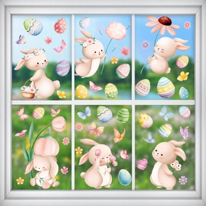 Detailed watercolor Easter window decals featuring cute bunnies and colorful eggs on glass