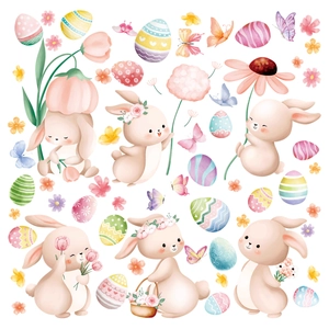Detailed view of 6 watercolor Easter bunny stickers with colorful eggs and floral accents