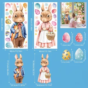 Detailed spec sheet for Easter bunny window stickers showing dimensions and 39-piece set layout