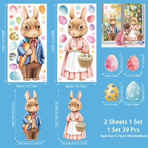 Detail layout of Easter bunny window clings set including 39 colorful eggs and rabbit stickers