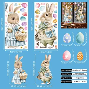 Detailed size guide for Easter rabbit and egg window clings set with 38 static stickers