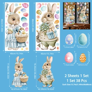 Easter bunny static clings set with colorful eggs and flowers for window decoration