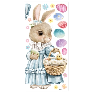 Detail of watercolor Easter bunny window cling with flowers and colorful eggs