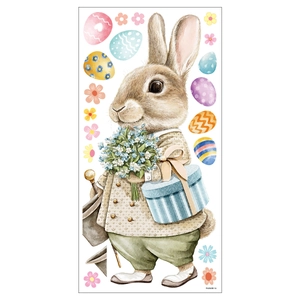 Detail of watercolor Easter bunny wall sticker with blue flowers and colorful eggs