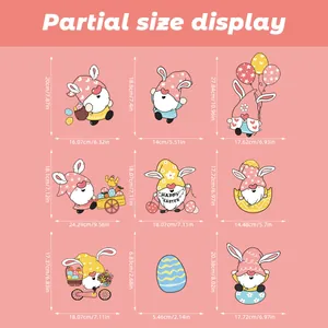 Detailed size chart for Easter bunny gnomes stickers in various heights and widths