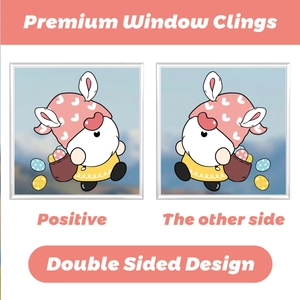 Detailed double-sided Easter window cling featuring a cartoon gnome with a basket of eggs