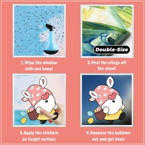 Detail showing double-sided Easter gnome window clings and four-step application guide