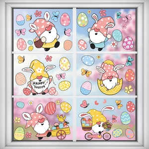Easter window clings set with Happy Easter gnomes and colorful eggs for glass windows