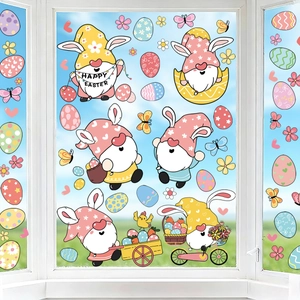 Detailed view of colorful Easter gnome static window clings with eggs and butterflies