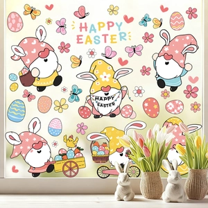 Easter gnome static window clings with colorful eggs and Happy Easter lettering display