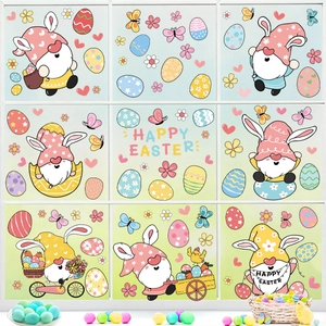 Easter window clings featuring cartoon gnomes, colorful eggs and floral patterns