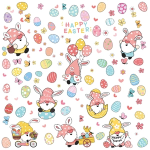 Detail of Easter static window stickers showing cute gnomes with eggs and floral patterns