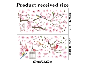 Detailansicht der Kirschblüten-Fensteraufkleber mit Maßen und Vogelmotiven