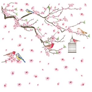 Frühlings-Kirschblüten-Fensteraufkleber mit Vögeln und Vintage-Vogelkäfig auf weißem Grund