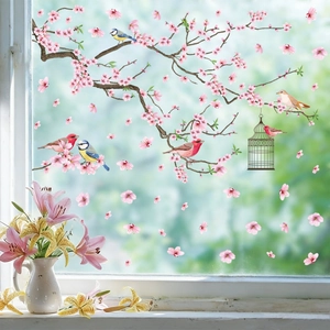 Frühlings-Fensterbilder mit Kirschblütenzweigen und Vögeln für Glasdekoration