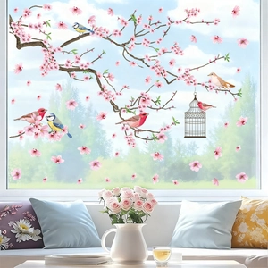 Fensterbilder Frühlings Kirschblüten mit rosa Zweigen und Vögeln Deko für Glasflächen