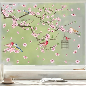 Fensterbilder mit Kirschblüten, Vögeln und Vintage-Vogelkäfig für Frühlingsdeko
