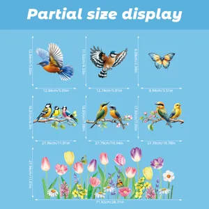 Detailed size chart for hummingbird and butterfly window stickers in cm and inches