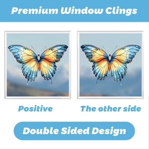 Double-sided window clings with colorful butterfly illustrations showing front and back view