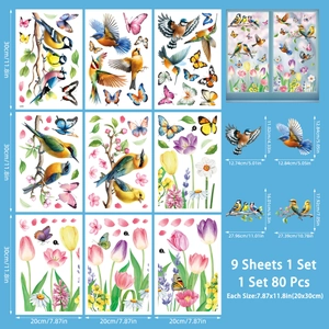 Detail view of 9-sheet set with 80 hummingbird and butterfly static window stickers