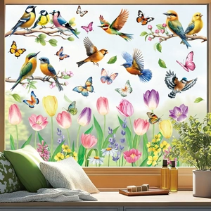 Static window clings featuring colorful hummingbirds, butterflies, and tulip flowers