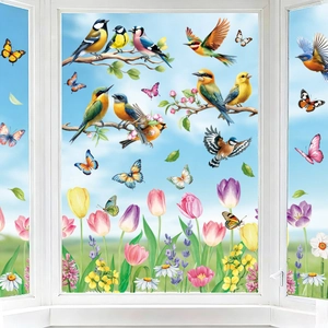 Spring static window clings with realistic birds, butterflies and blooming flowers