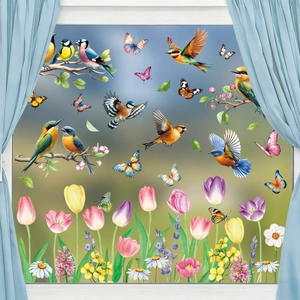 Vibrant watercolor hummingbird and butterfly window clings with spring floral motifs