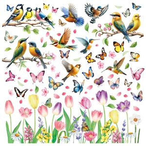 Macro detail of watercolor static window clings with birds, butterflies and spring flowers