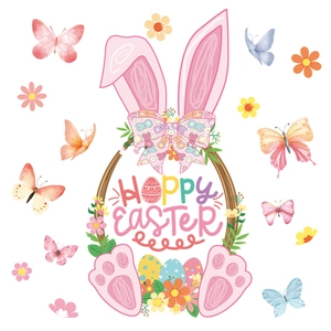 Hoppy Easter Fensterbilder mit Pastell-Hasen, Schmetterlingen und floralen Frühlingsmotiven